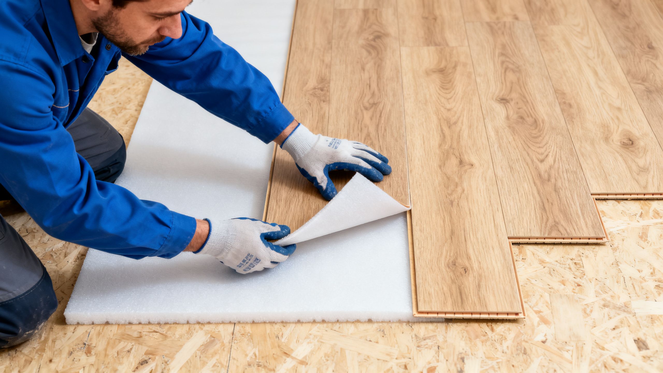 Flooring fitter carefully lifting laminate boards to inspect the underlay and subfloor beneath