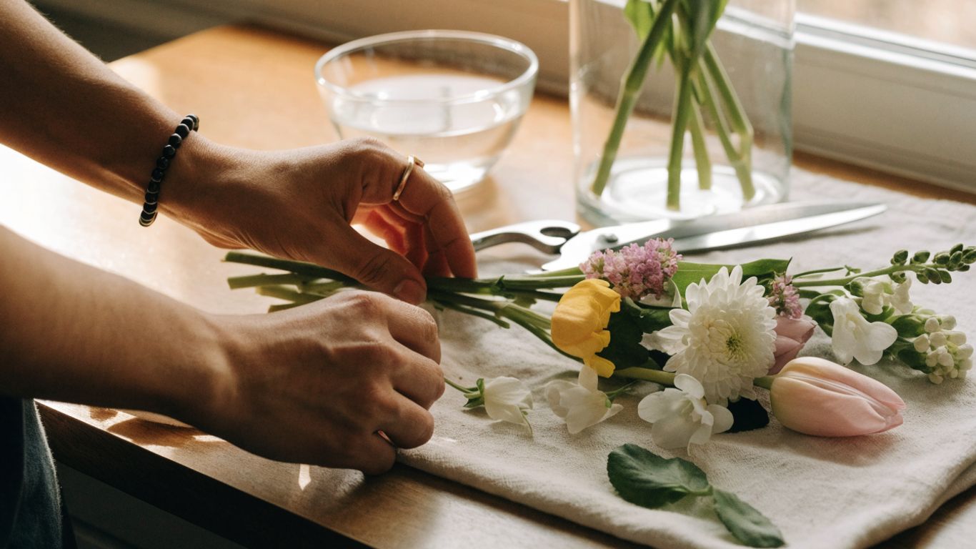 Fresh flower stems being prepared beside clean shears