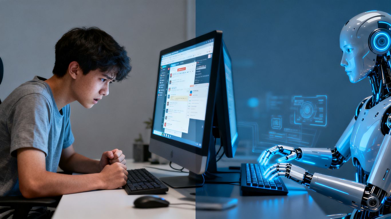 AI robot replacing junior developer at computer.