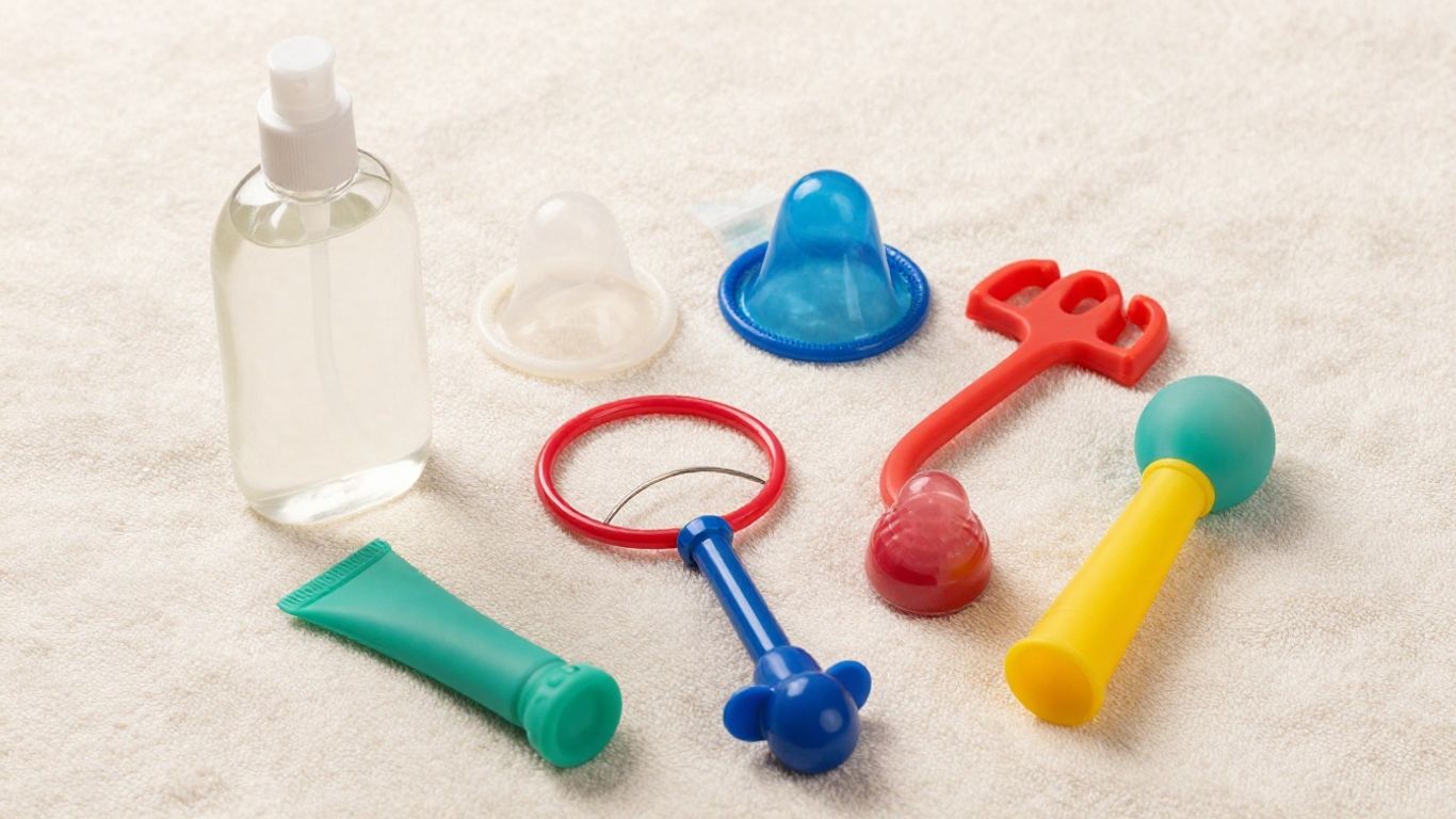 Water-based lubricant with condoms and colorful silicone toys