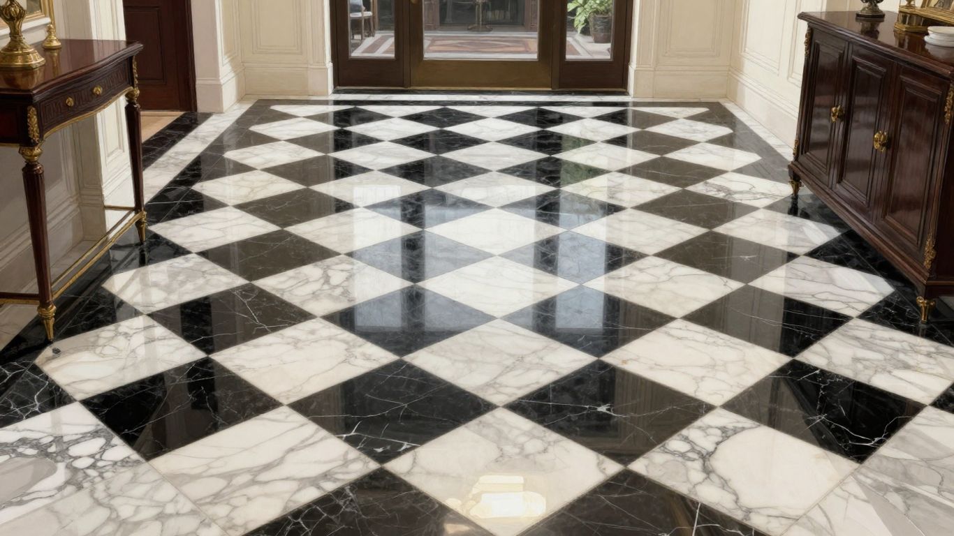 Checkerboard marble floor in a luxury home interior.