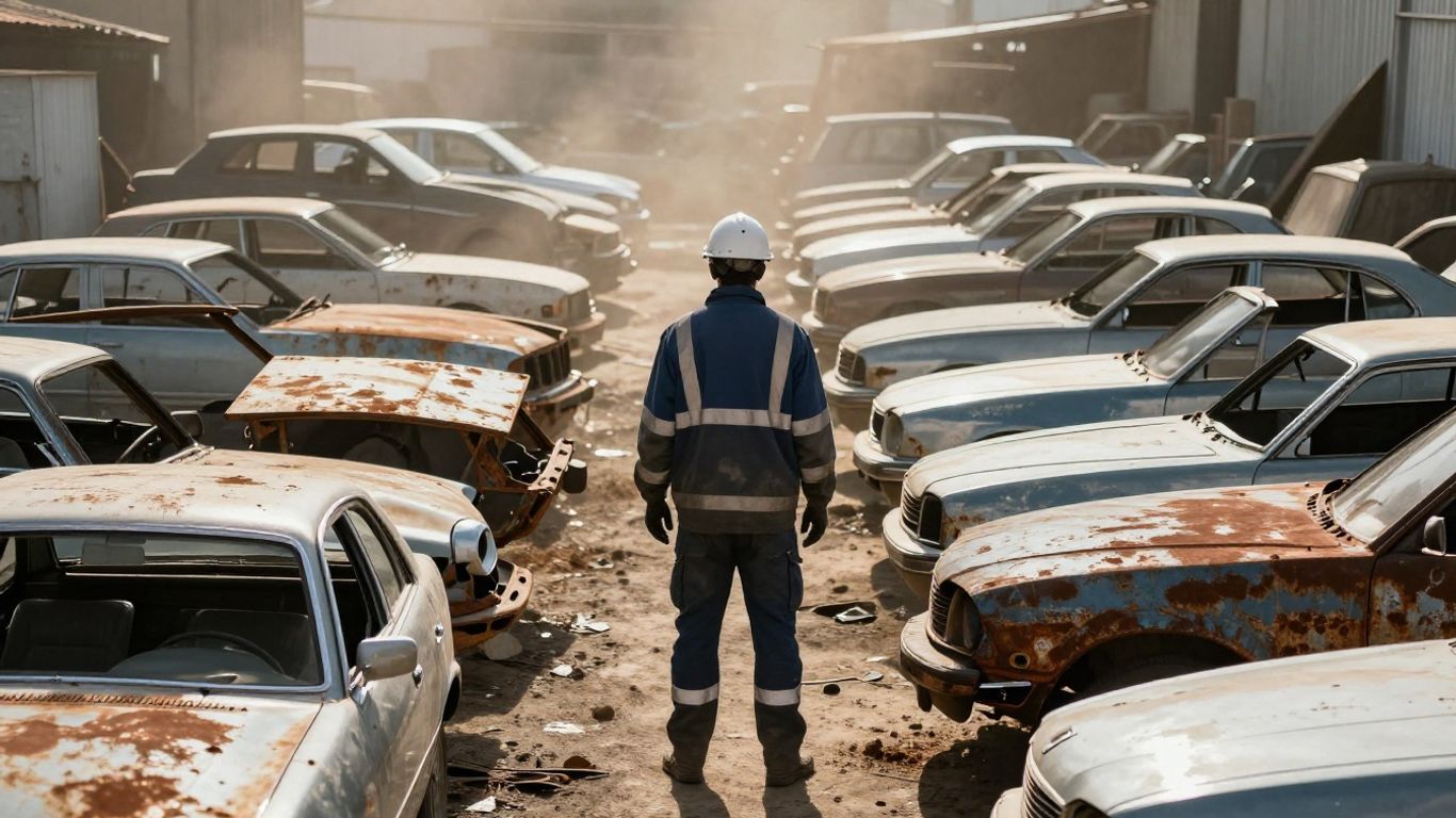 A scrapyard worker inspecting a vehicle