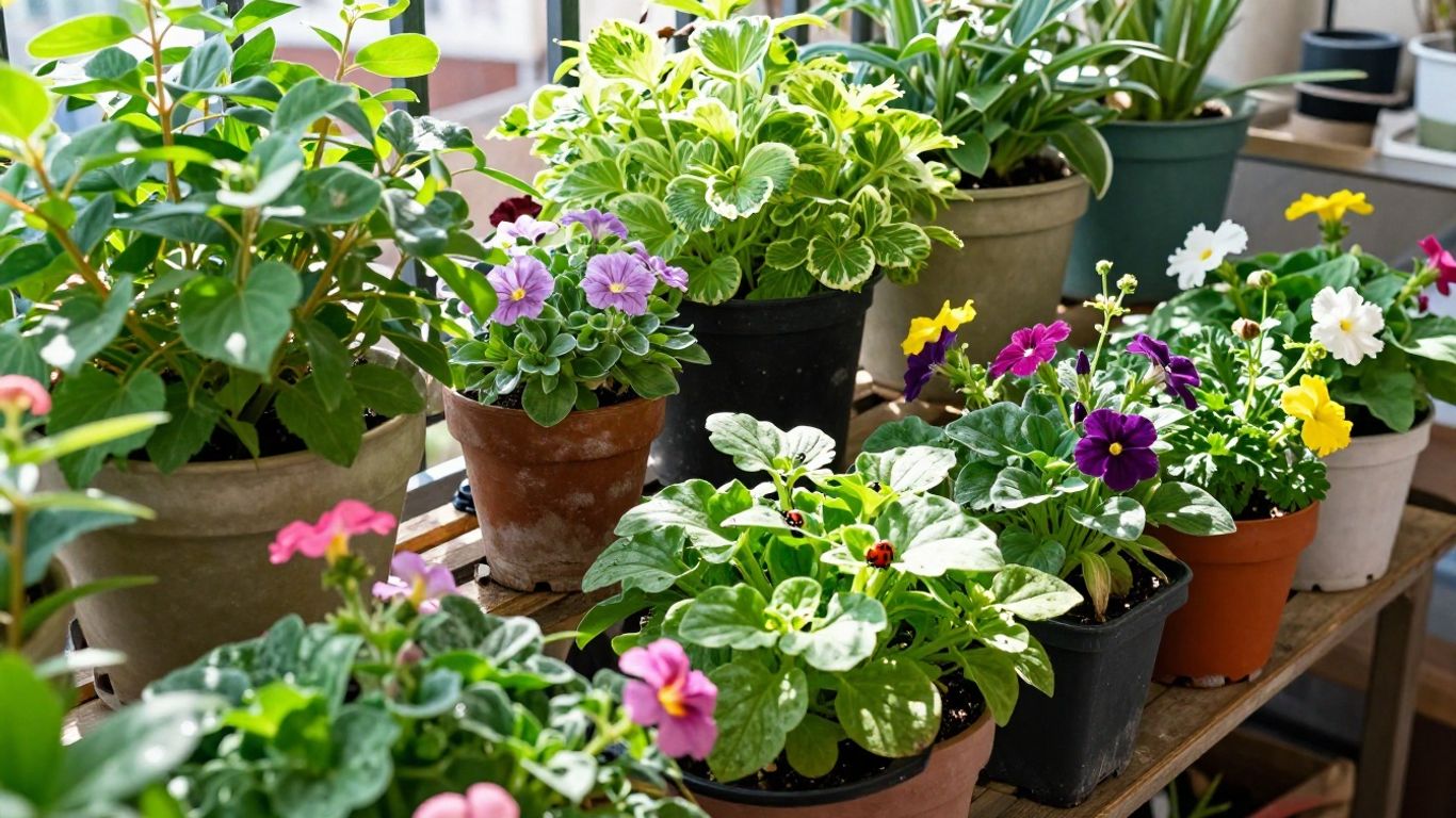 Stadtgarten mit gesunden Pflanzen und Marienkäfern