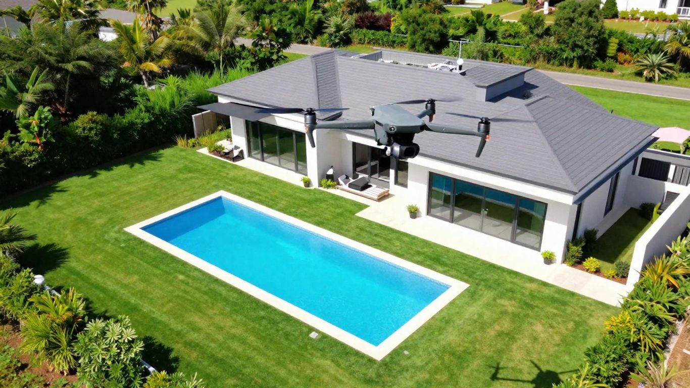 DJI Mavic 3 drone flying over a luxury house.