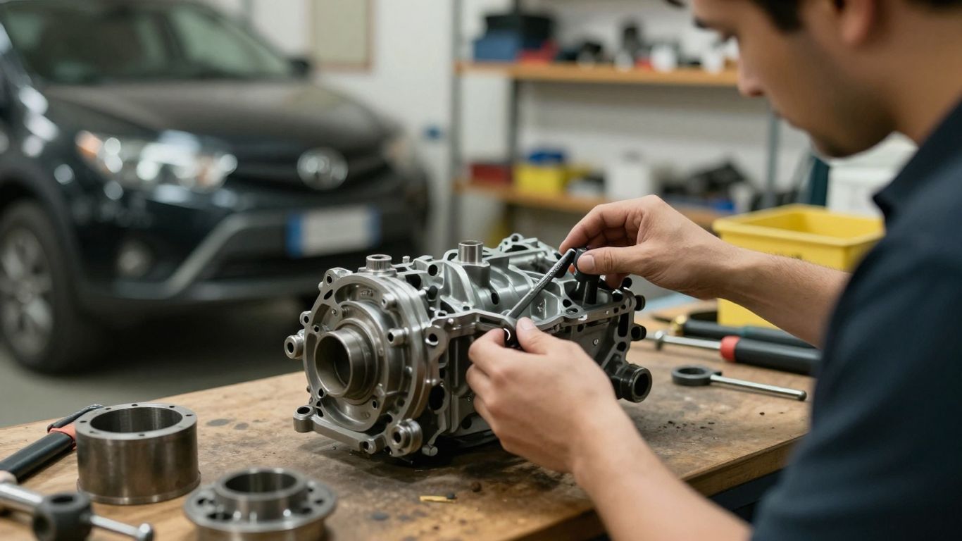 Mechanic inspecting used Toyota replacement parts