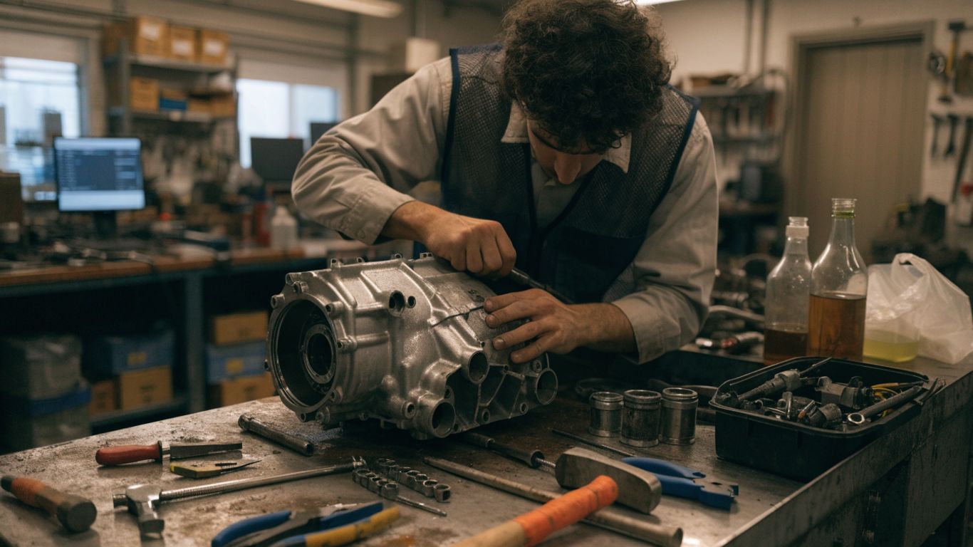 Technician preparing transmission parts beside a repair bay