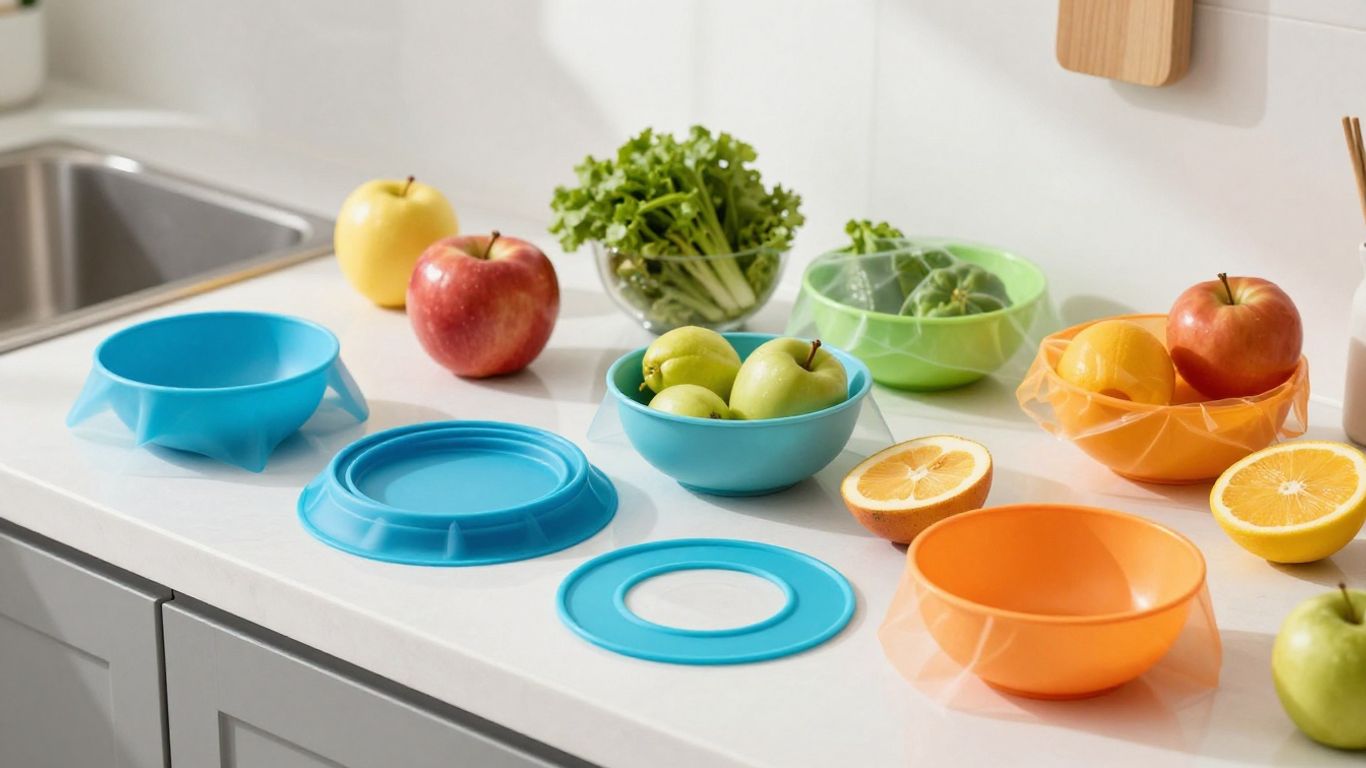 Colorful silicone food covers on kitchen bowls.