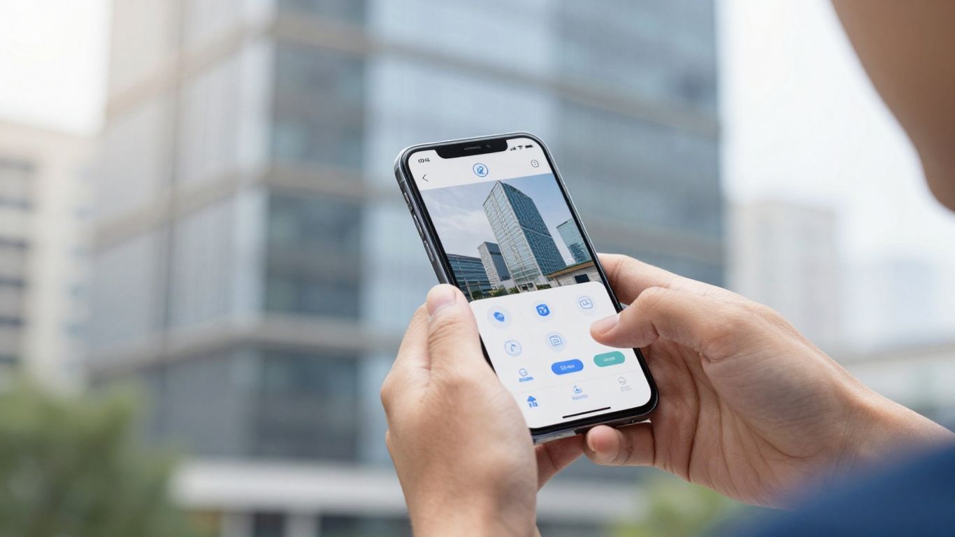 Hands holding smartphone with digital interface and building background.