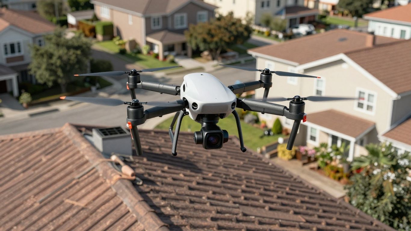Drone measuring a detailed residential rooftop from above.