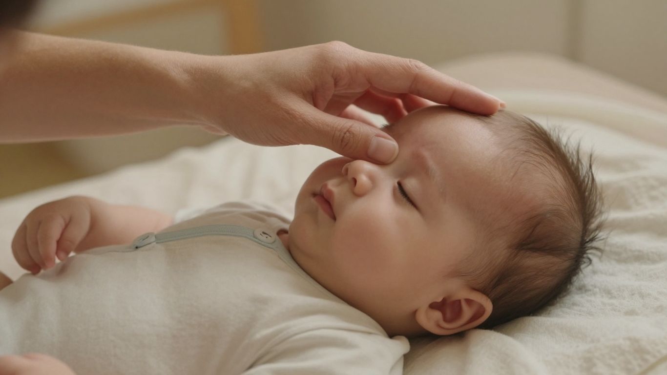 Padre tocando la frente de su bebé con preocupación.