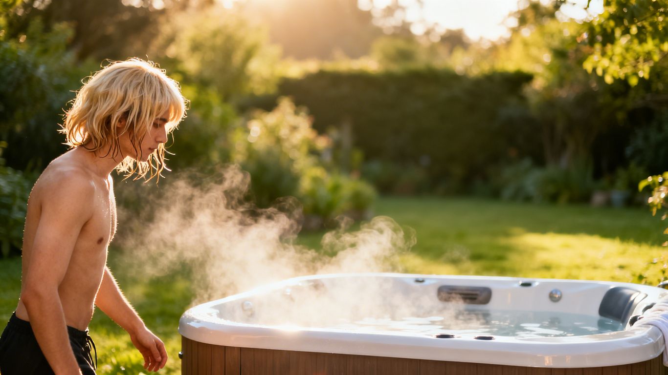 Wig wearer near hot tub in bright sun.