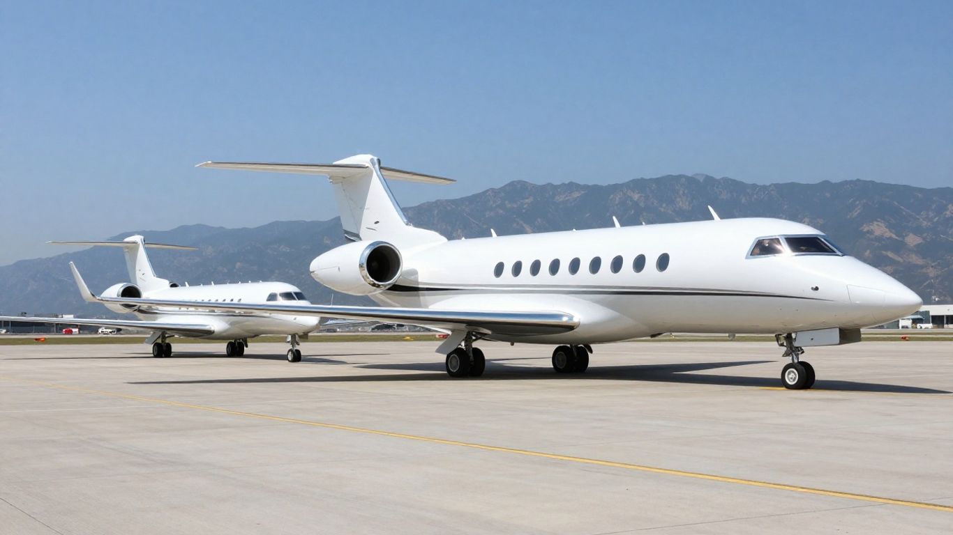 Large private jets parked on an airport tarmac.