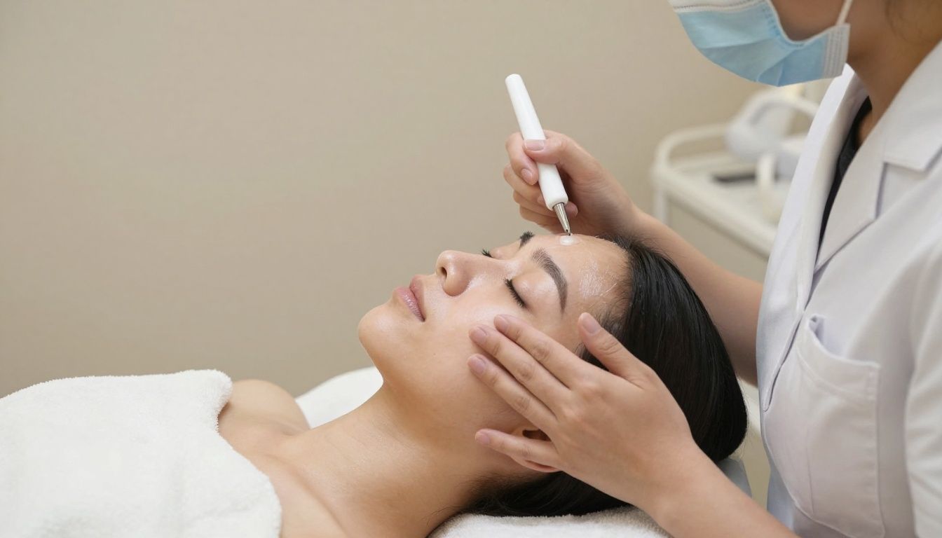 A professional and kind beauty practitioner performing a careful, hygienic skin treatment in a clean and modern environment.