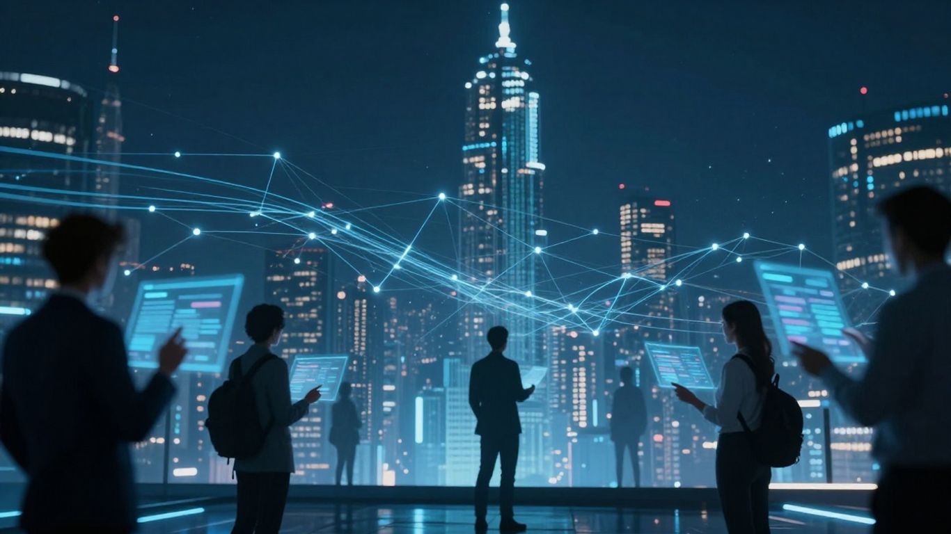 Futuristic cityscape with digital streams and holographic interfaces.