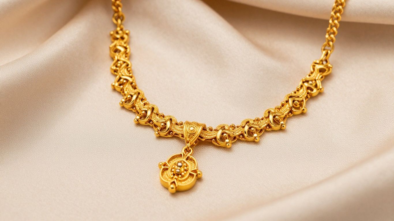 Elegant gold necklace with intricate detailing.
