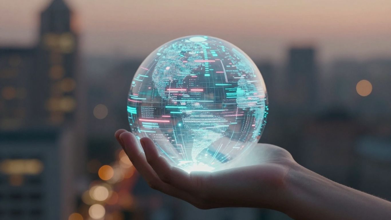 Digital data sphere held in hands with city background.