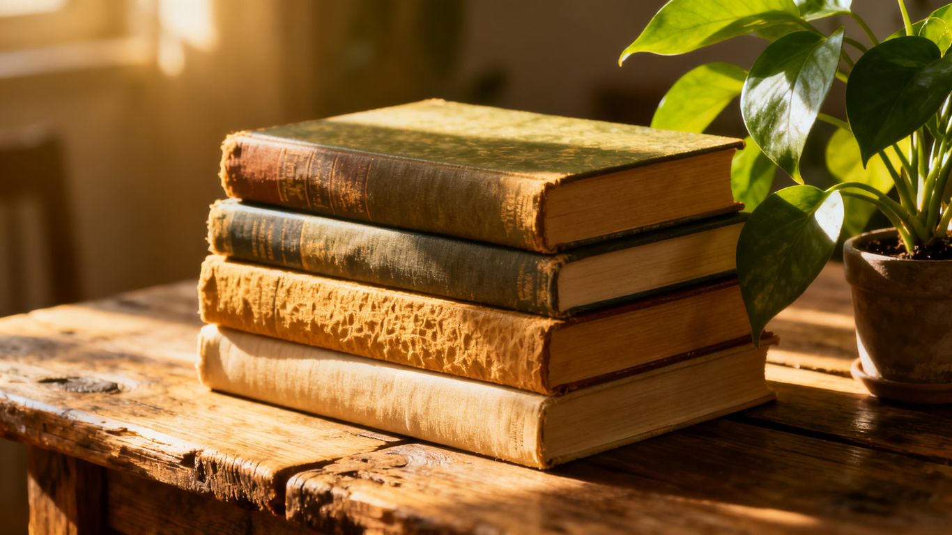 Books on sustainable living with green plants.