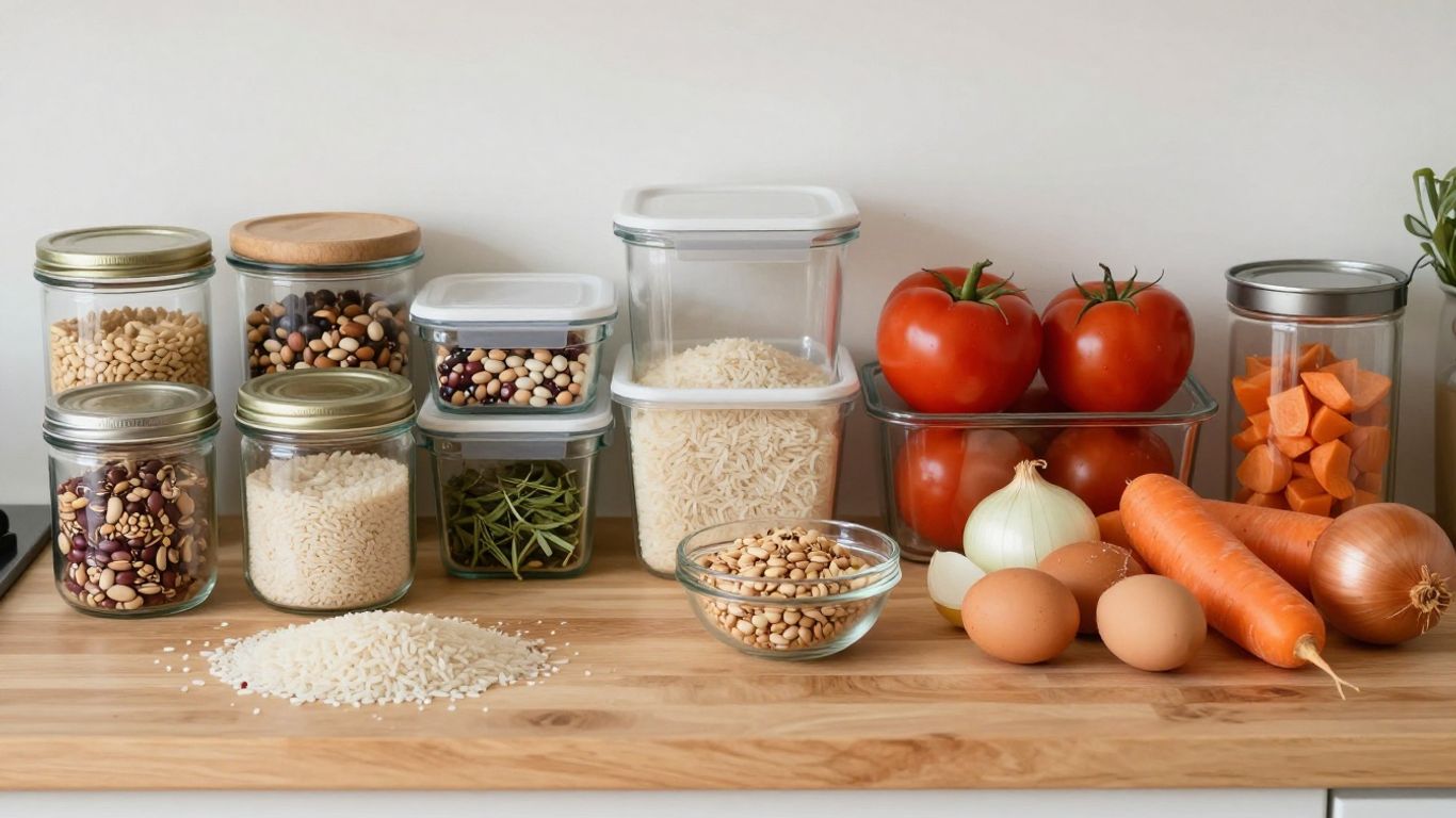 Affordable batch cooking ingredients on kitchen bench