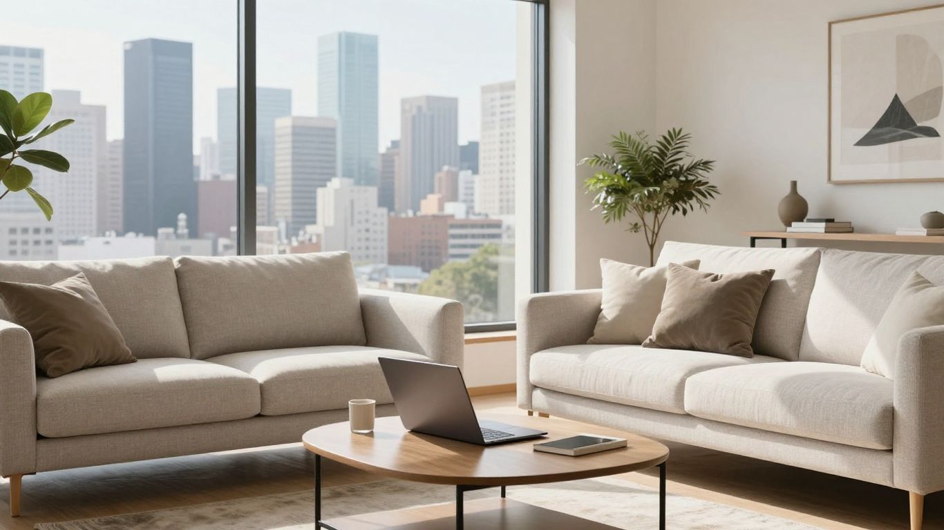 Sala de estar moderna con portátil y vistas a la ciudad.