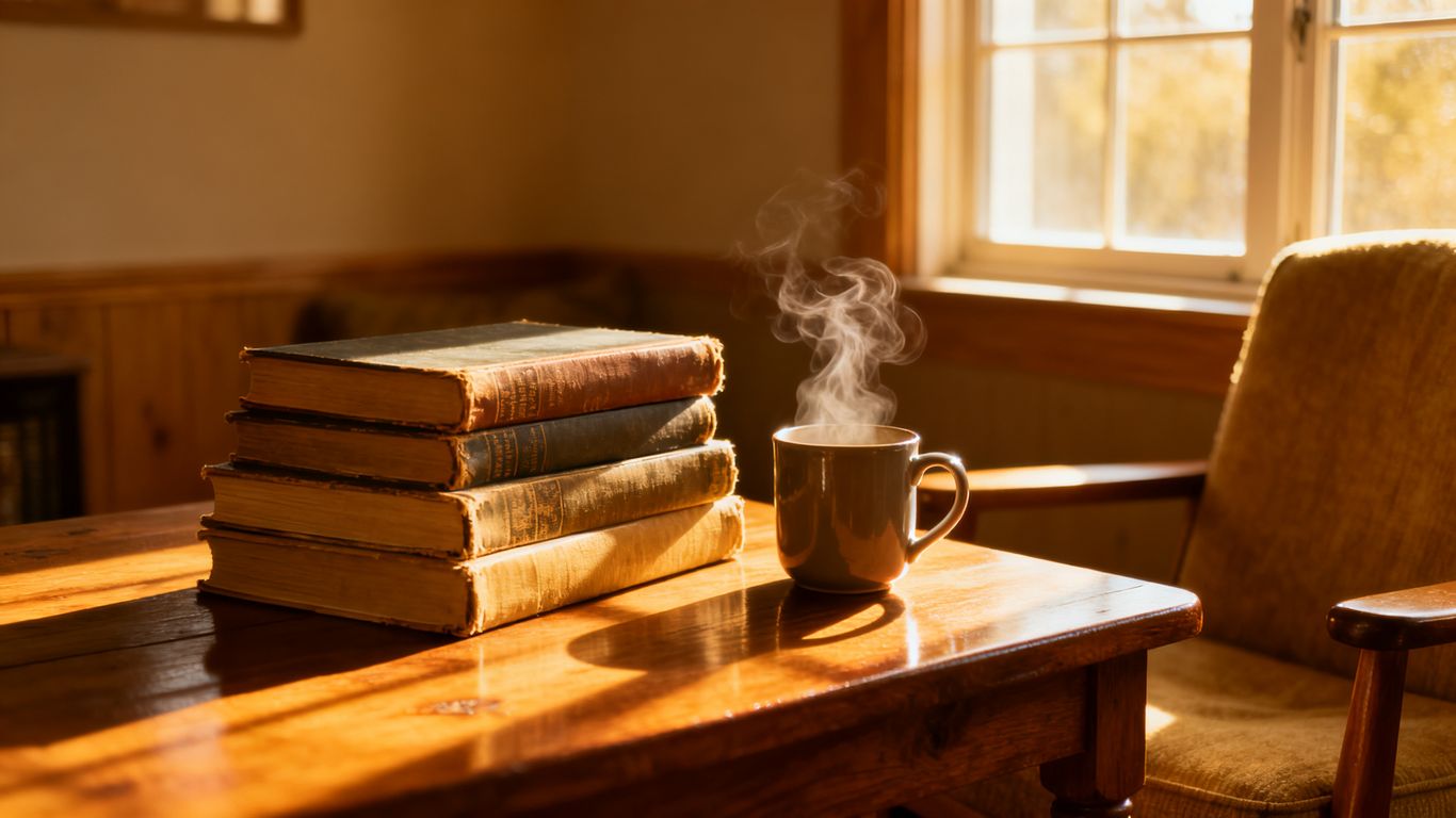 Cozy reading nook with books and a warm mug.