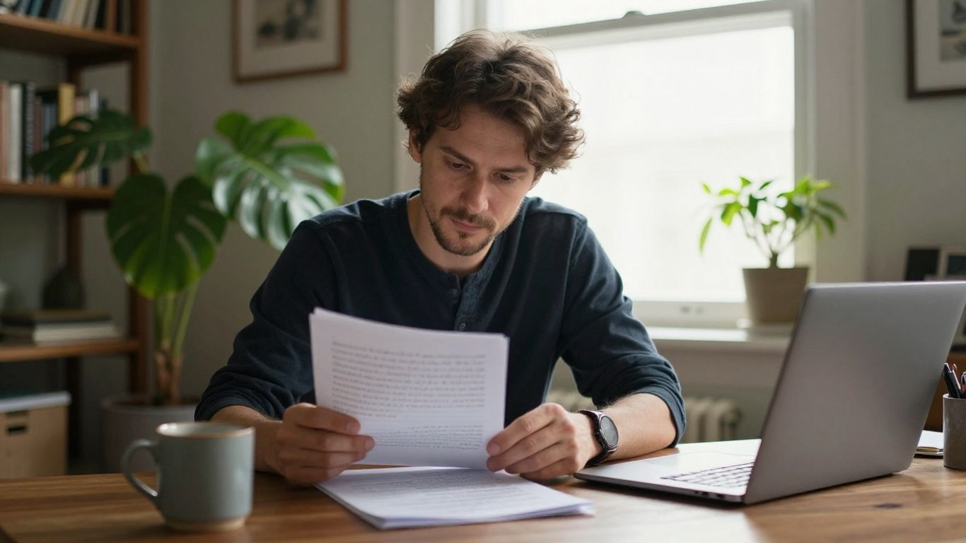 Writer shaping a thoughtful draft at wooden desk