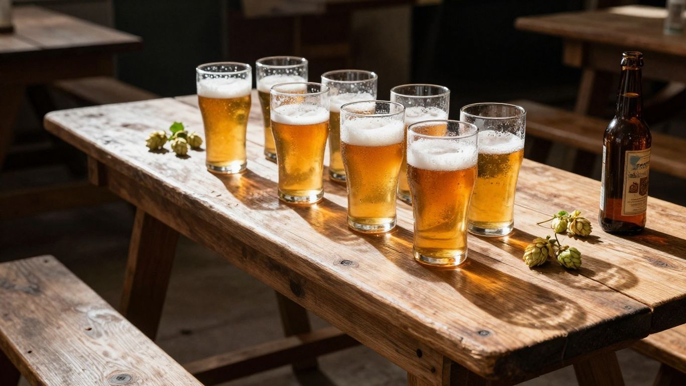 Golden Saison beer in glasses on a rustic table.