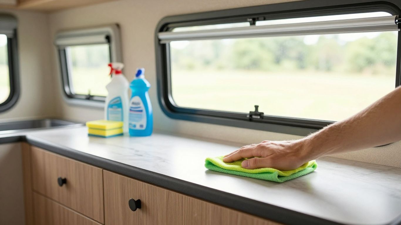 Clean RV interior with person cleaning