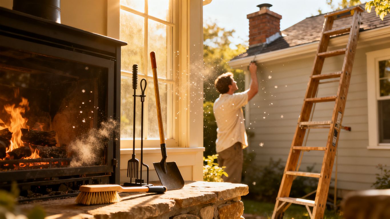 Homeowner inspecting fireplace and chimney in early summer.