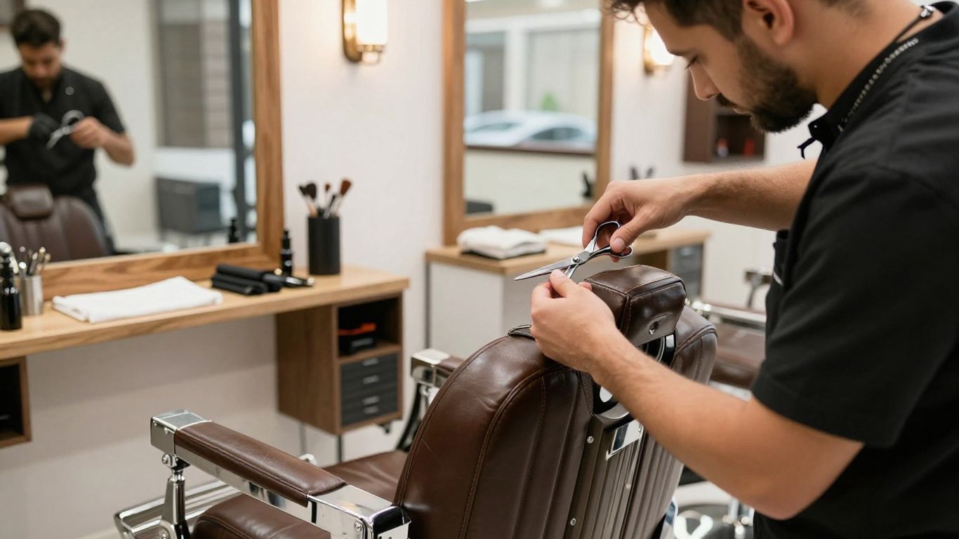Clean Turkish barbershop interior with barber sanitizing tools.