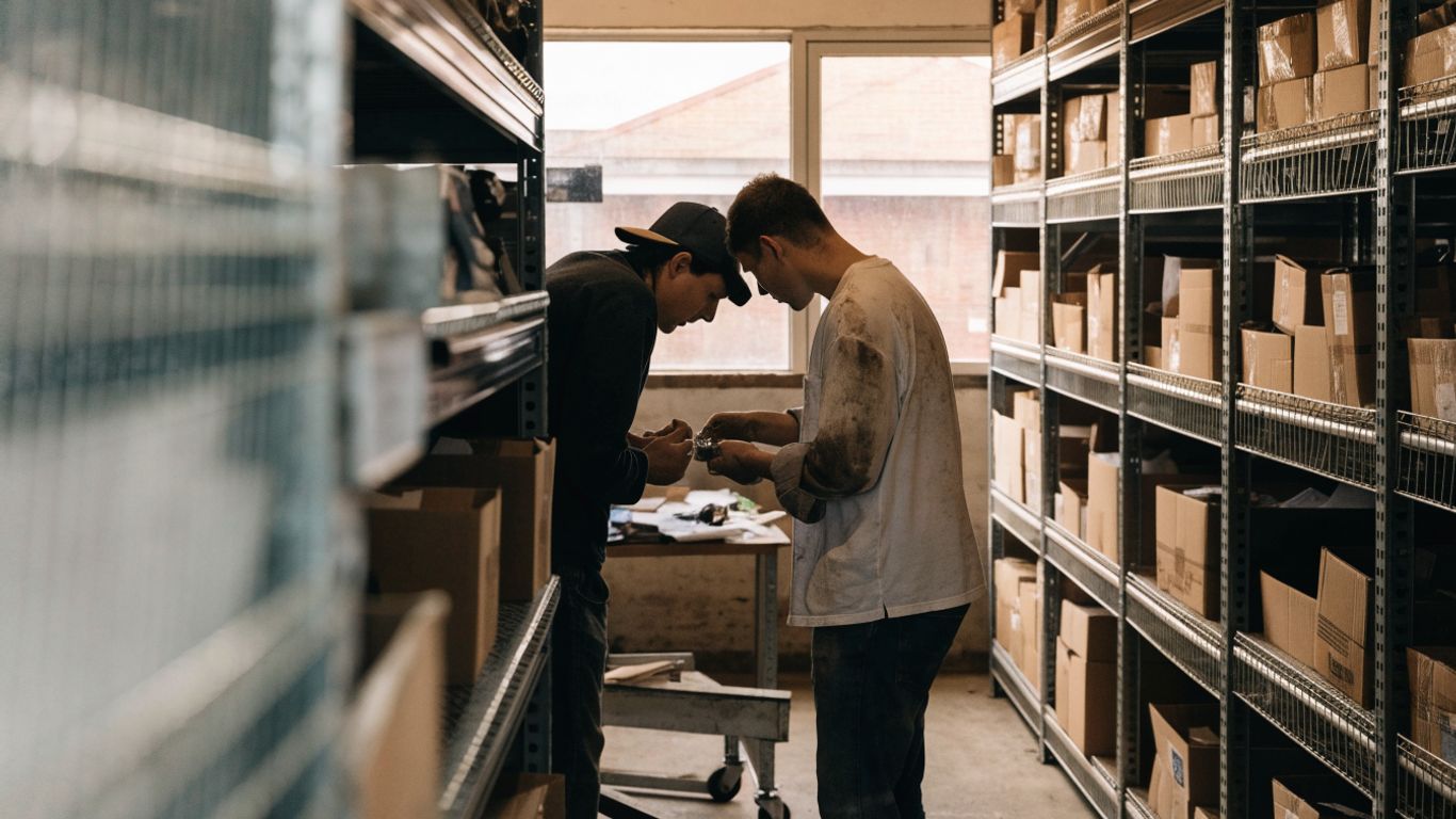 Team reviewing quality standards in a parts warehouse
