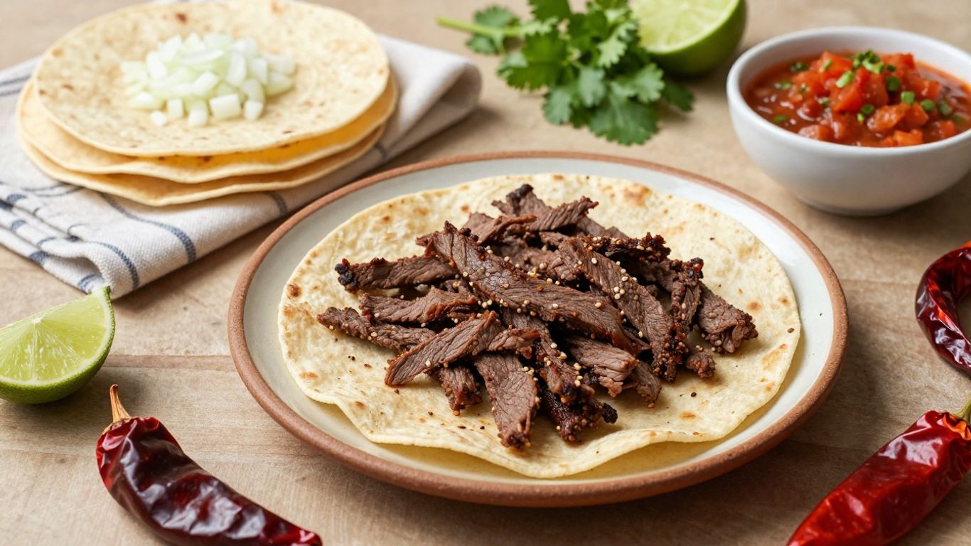 Carne marinada, tortillas y guarniciones frescas