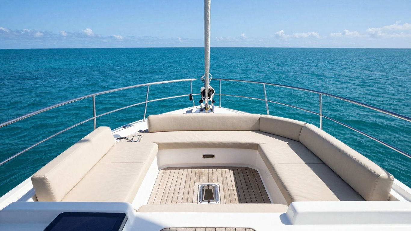Luxurious catamaran deck with seating and ocean view.