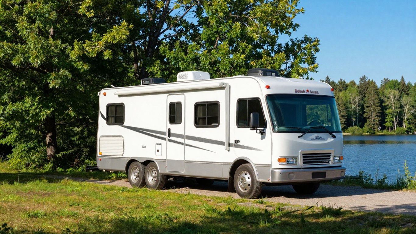 RV parked by a lake in Canada during summer.