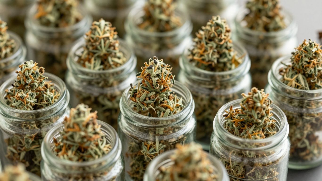 Cannabis strains in airtight glass jars for proper storage.