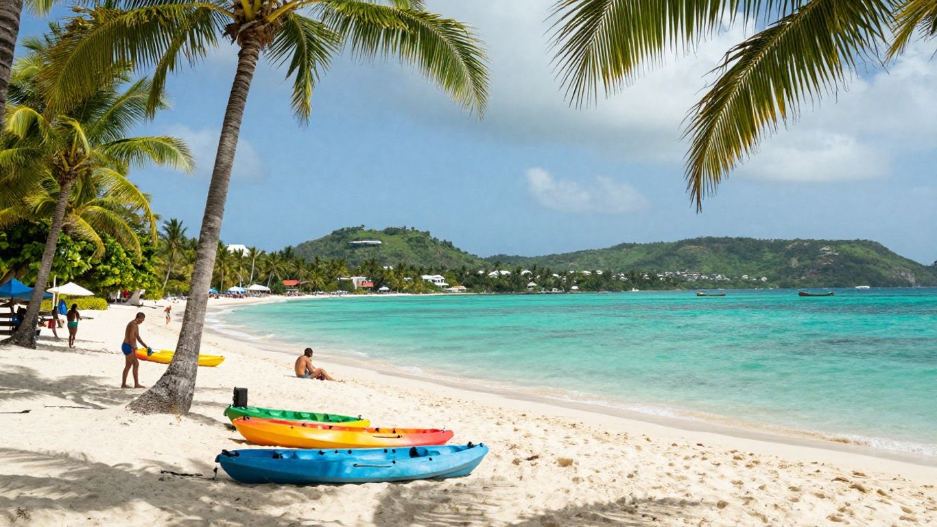 Turquoise Jamaican coast with resort and palms