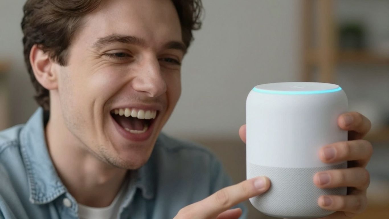 Pessoa rindo enquanto fala com a Alexa sobre música.