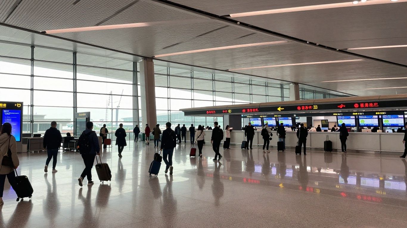 Busy international airport terminal in China