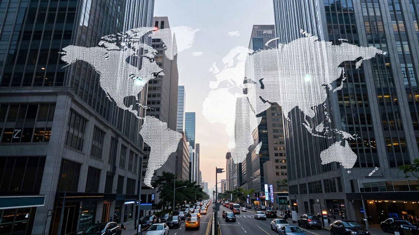Global financial markets with currency symbols.