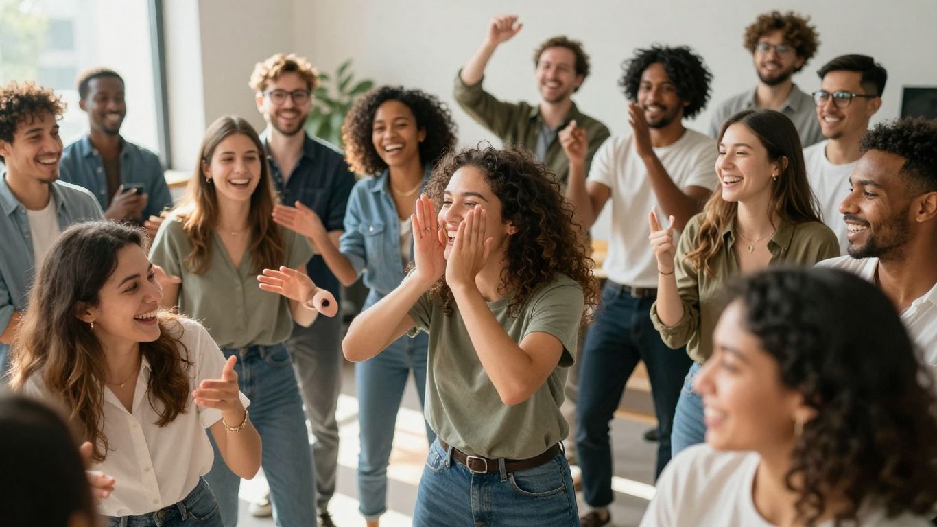 Personas sonriendo y colaborando en un entorno moderno.