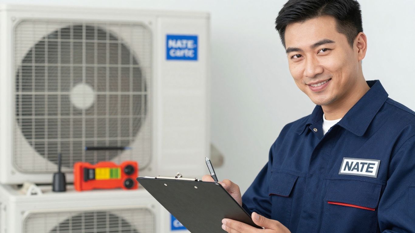 NATE-certified technician with air conditioner