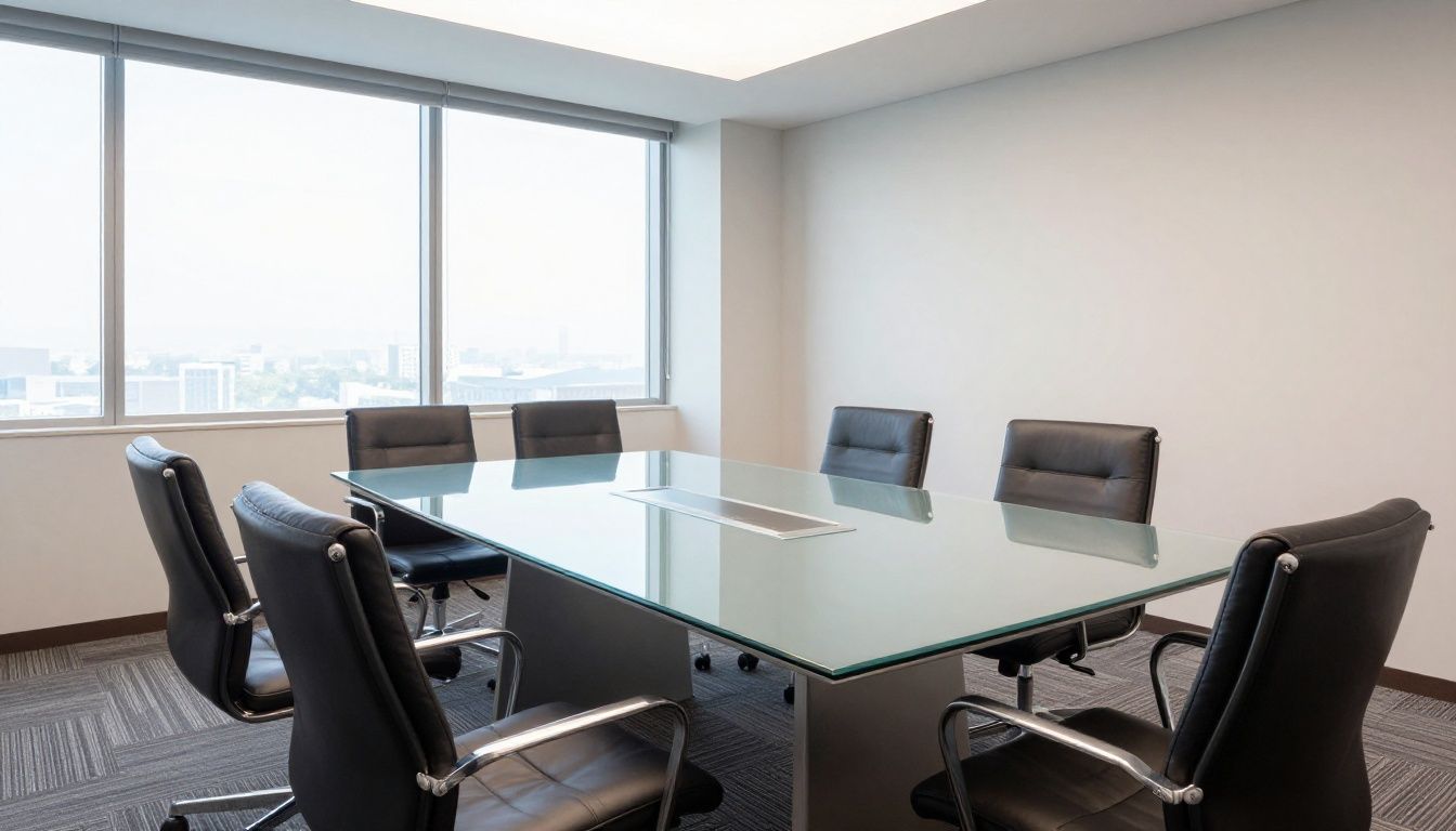 A sparkling clean, modern corporate office conference room with a polished glass table, dark leather chairs, and freshly vacuumed carpets overlooking a bright window view