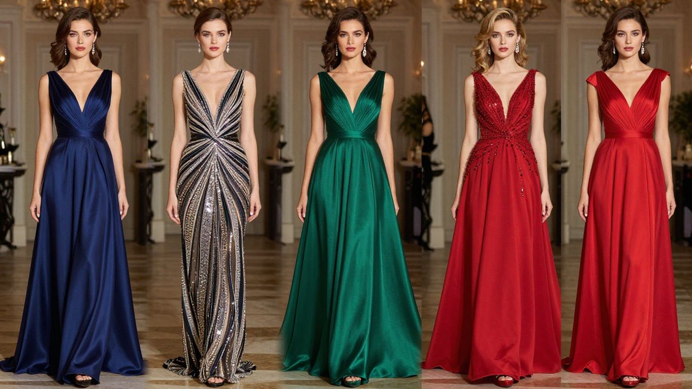 Elegant women in glamorous A-line formal dresses indoors