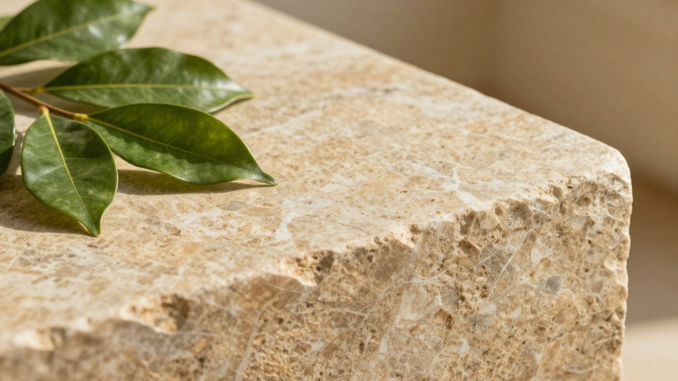 Sustainable stone countertop with natural green leaves.