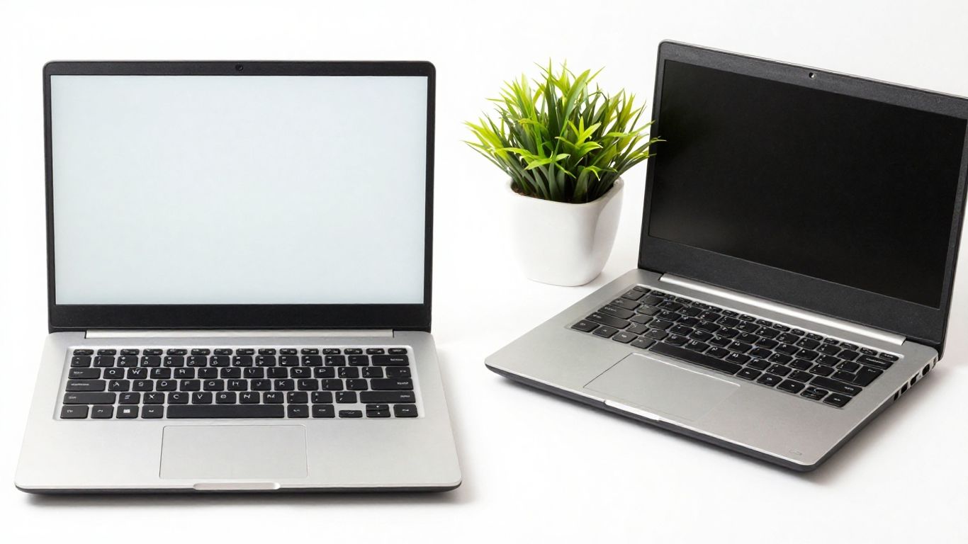 Refurbished vs. used laptop comparison with environmental theme.