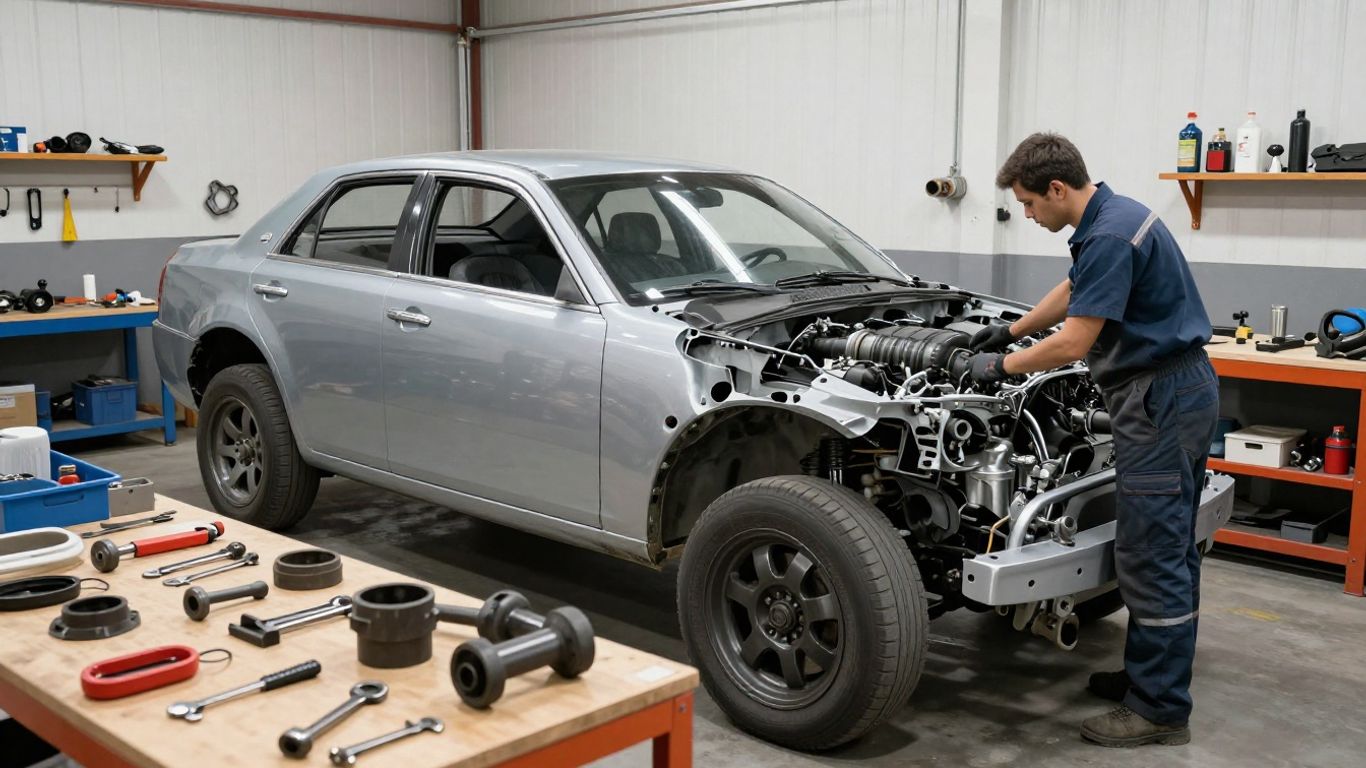 Chrysler 300 Series car parts and mechanic in workshop.
