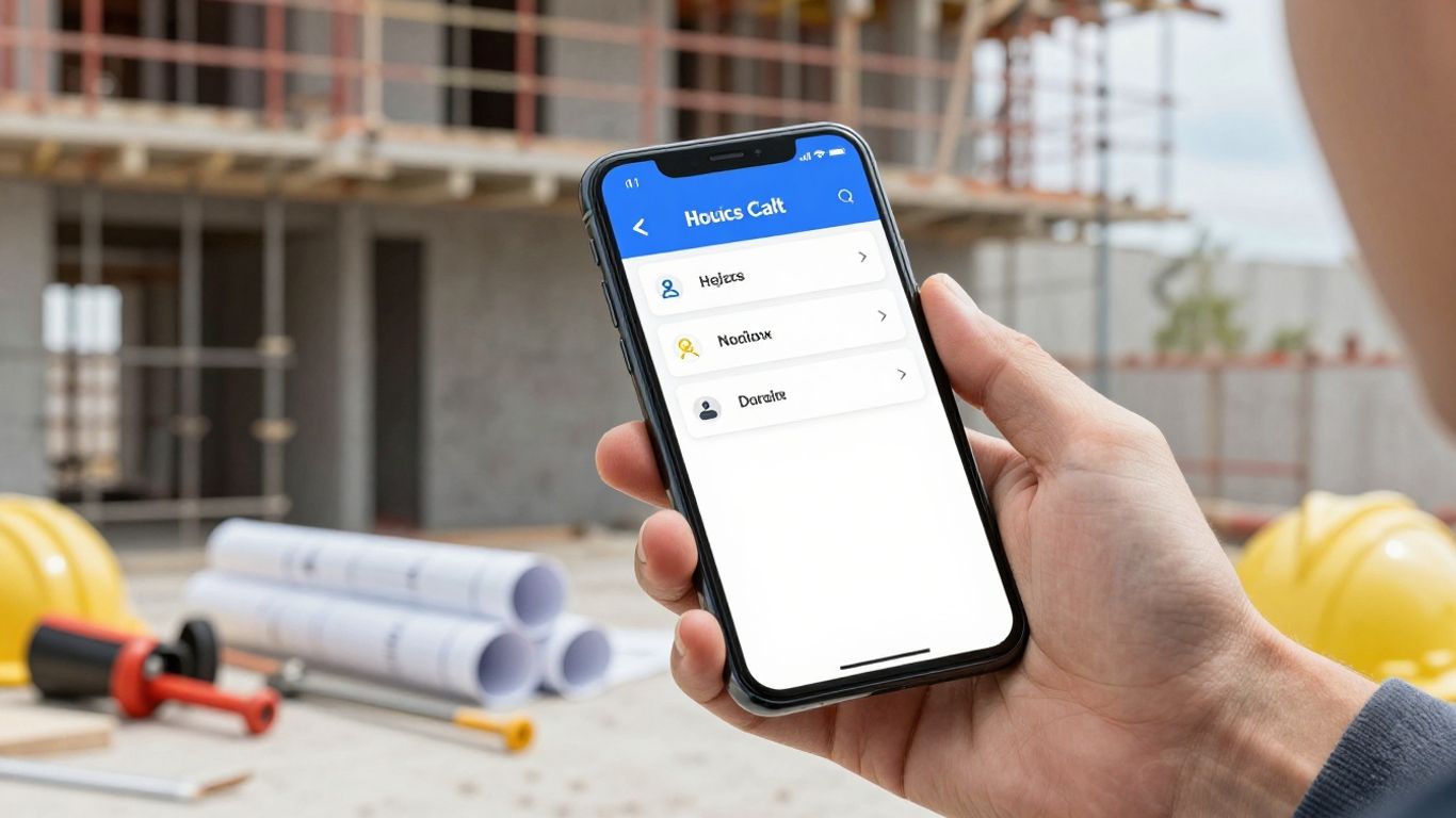 Contractor tracking calls on a smartphone at a construction site.