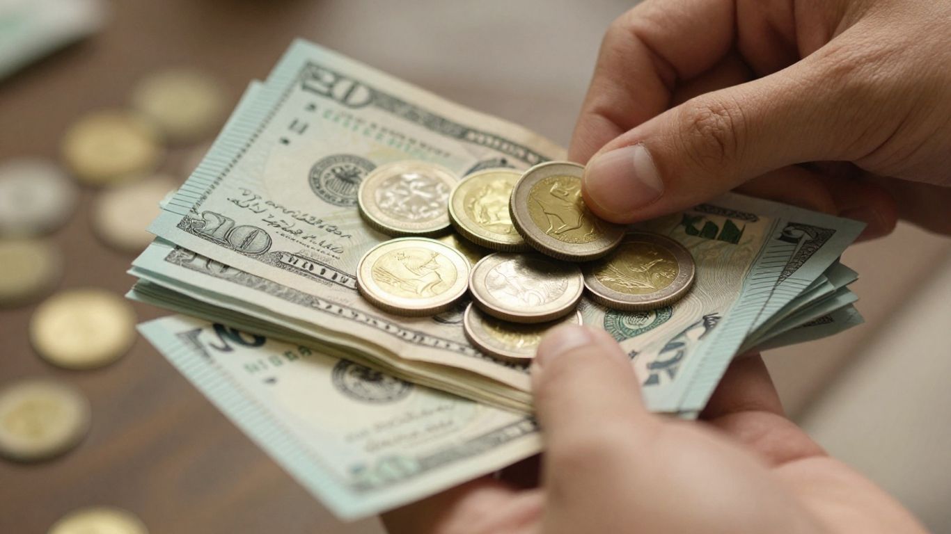 Hands holding US dollar bills and various coins.