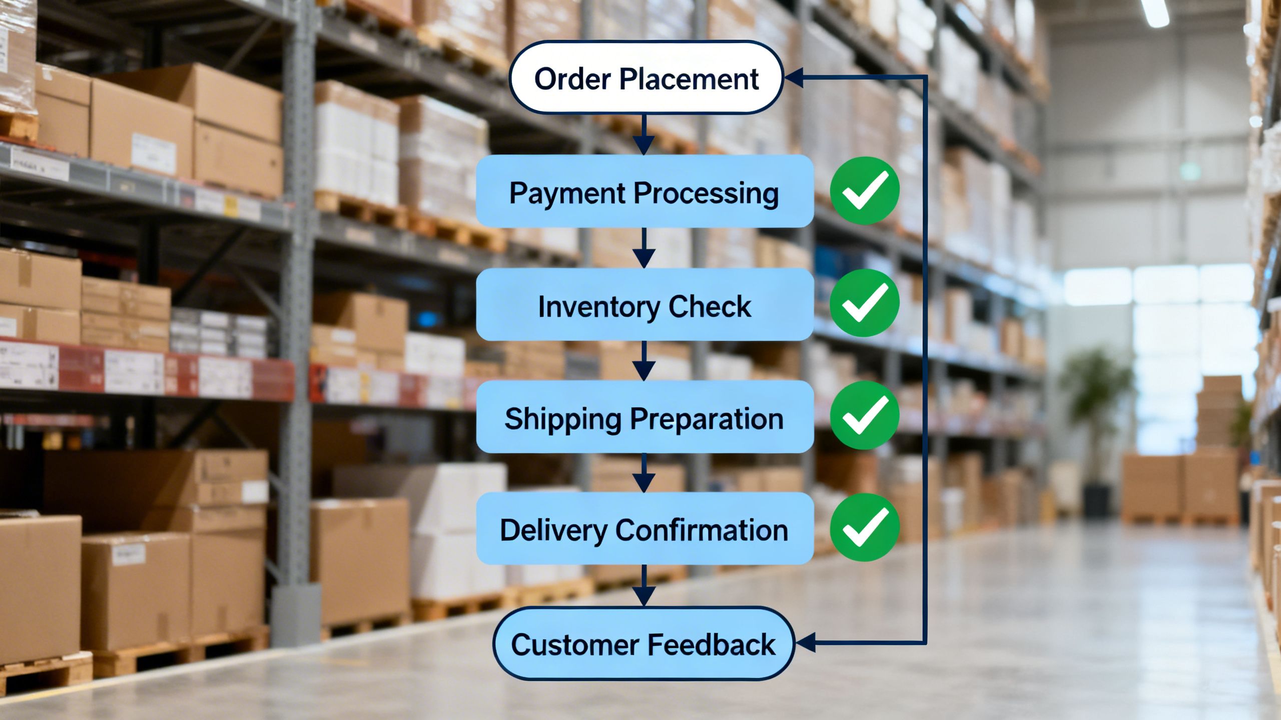 A complex flowchart representing an eCommerce process, with automated reasoning adding green checkmarks to verify each step.