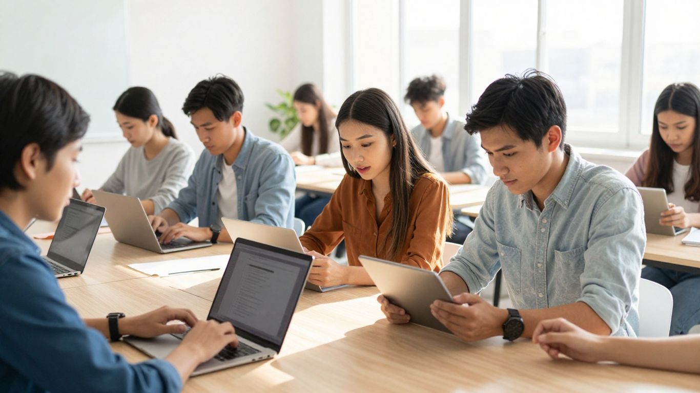 Students learning with laptops and tablets in a classroom.