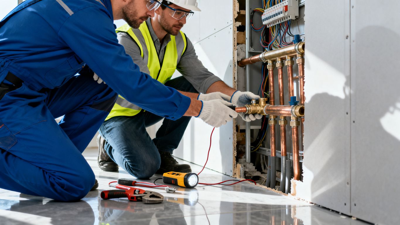 Plumber and electrician inspecting home pipes and wiring